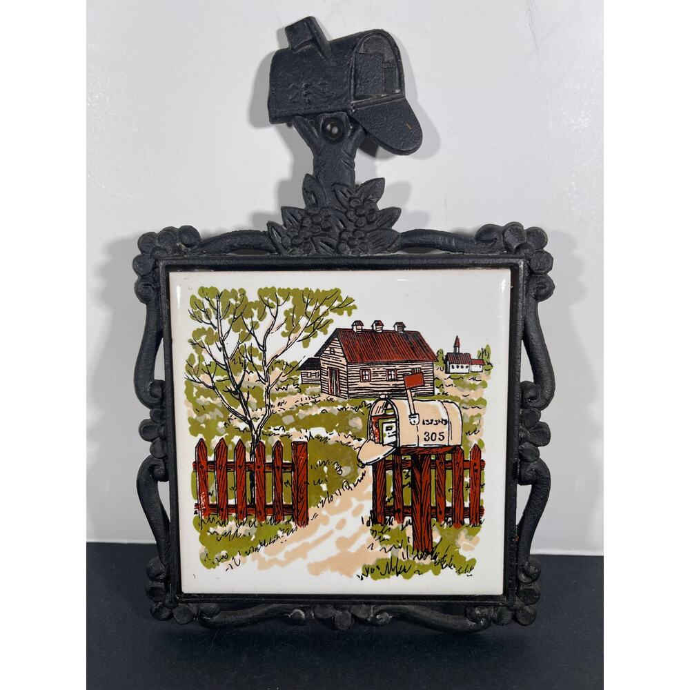 Vintage Enesco Cast Iron Trivet Cabin Fence Country Ceramic Painted Tile